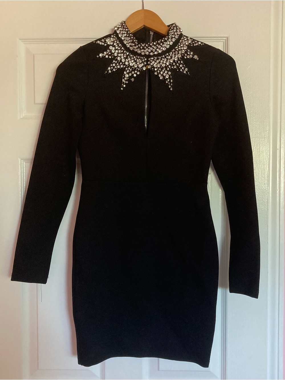 a'gaci Black Long-Sleeve Bodycon Dress with Crystal Collar